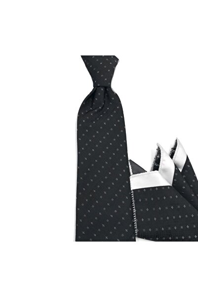 Sade Kravat Siyah Beyaz Küçük Desenli Mendilli Kravat 31577 Siyah