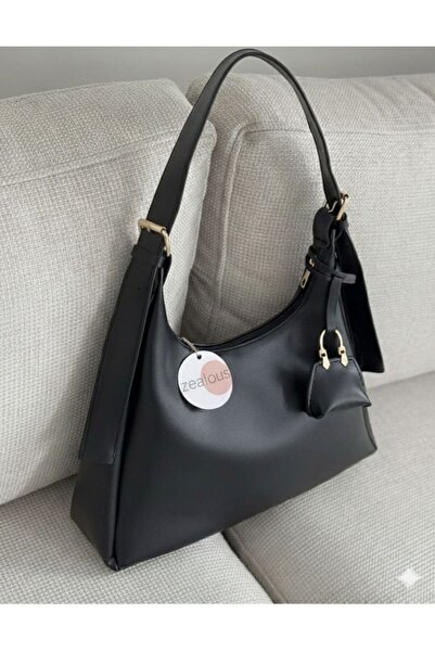 Zealous Geantă de umăr neagră din piele sintetică pentru femei, cu detaliu cu...