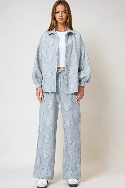 Trend Alaçatı Stili Women's Gray Tasseled Oversized Shirt and Elastic Waist P...