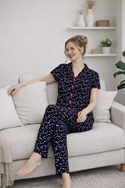 FORMO Premium Women's %100 Natural Cotton Shirt Collar Piped Buttoned Pajama Set