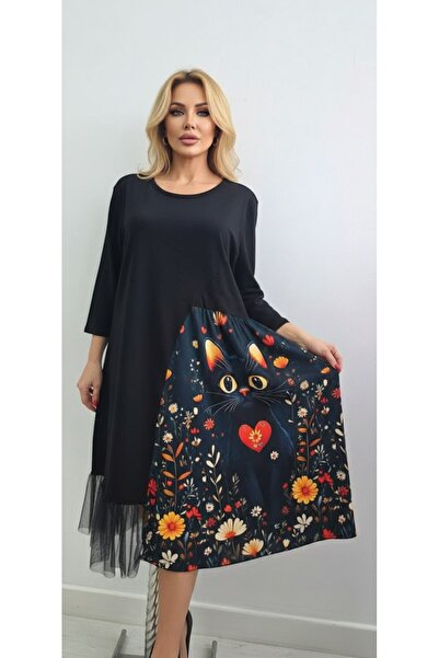 GLAMSI Cat-Print Dress with Lace Inserts