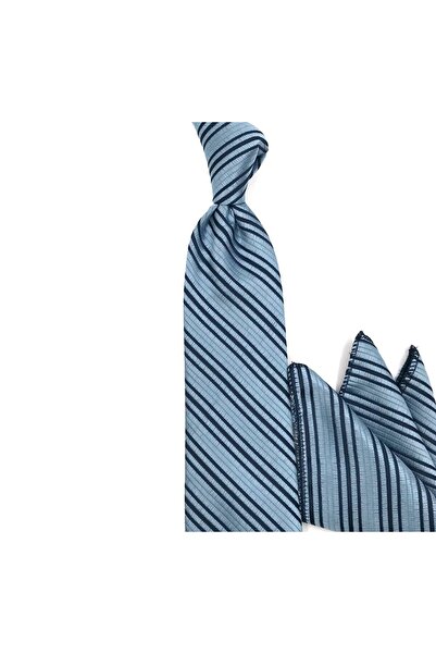 Sade Kravat Buz Mavisi Lacivert Çizgili Mendilli Kravat 32685 Mavi