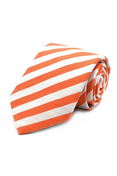 Sade Kravat ربطة عنق حريرية مخططة باللون الأبيض والبرتقالي 32343 سالمون