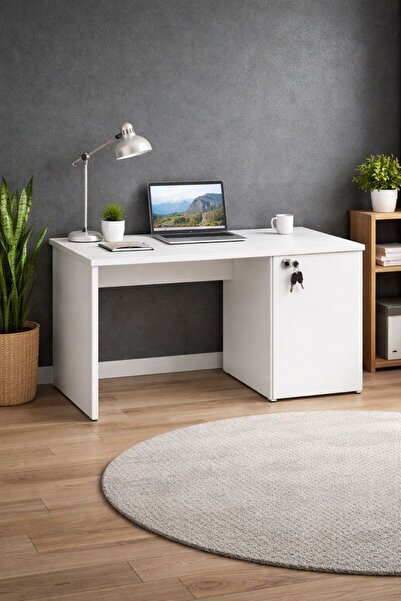 Bladimo Solo Çalışma Masası Kilitli Kapaklı Çalışma Masası Raflı - Beyaz