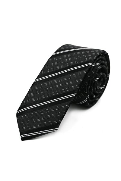 Sade Kravat Siyah Beyaz Özel Çizgili İnce Kravat 32590 Siyah