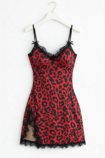 MEVABU Leopard Lace Detail Slit Ultra Mini Nightgown