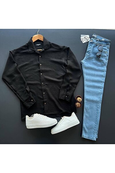 giyimadam16 Men's Crinkle Linen Shirt Stretch Fabric Jeans Set 2-Piece