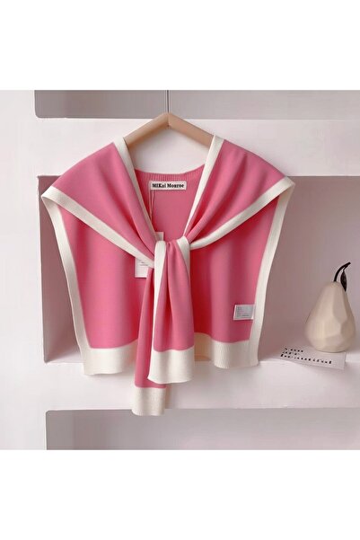 ElevaGlam Yeni Stil Triko Omuz Şalı Pembe Beyaz Desenli