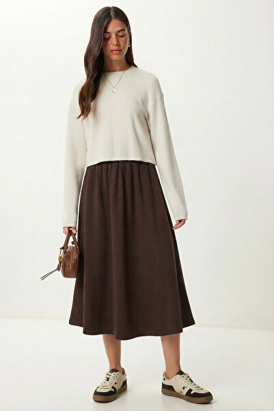 Lovelyİstanbul تنورة محبوكة واسعة مع جيوب LRN0003 بني