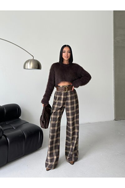 MODAMERSİ Women's Brown Plaid Patterned Wide-Leg Trousers