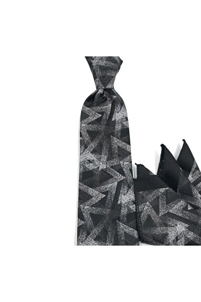 Sade Kravat Siyah Beyaz Özel Desenli Mendilli Kravat 31195 Siyah