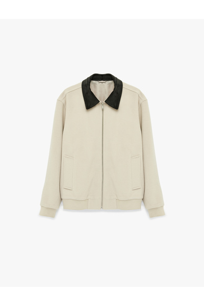 Koton Regular Fit Long Sleeve Pocketed Contrast Collar Zippered Cashmere Jacket