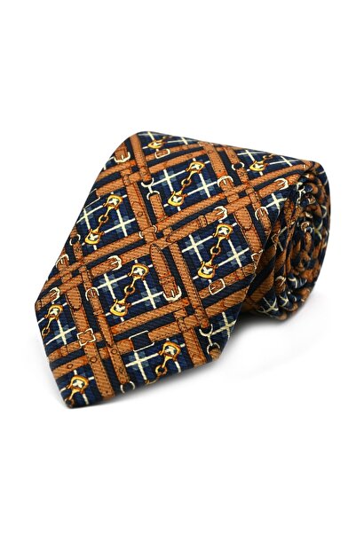 Sade Kravat ربطة عنق حريرية بنمط مربعات خاصة باللون البني الكريمي والأزرق الد...