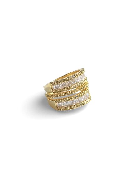 Cesicey Çelik Çift Sıra Yüzük Baget Taşlı Ayarlanabilir Altın Renk