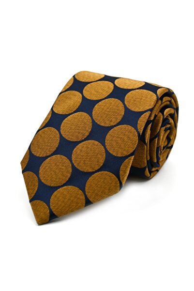 Sade Kravat Navy Blue Mustard Yellow Special Woven Polka Dot Tie 32182 Gold Y...