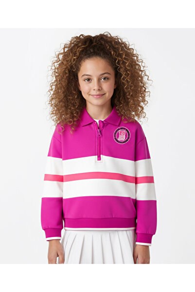 Pine kids سويت شيرت قطني محبوك بأكمام طويلة بطبعة بروكلين - فوشيا