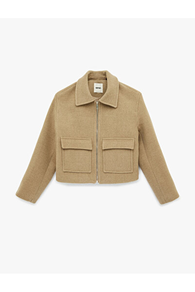 Koton Crop Cashmere Jacket with Zipper Pocket