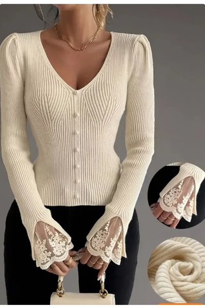 KARSEL Sleeve Guipure Detailed V-Neck Knitwear Blouse