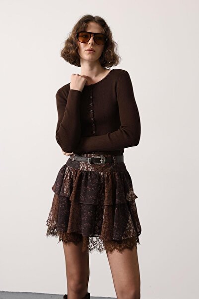 Trend Alaçatı Stili Women's Brown Layered Lace Detailed Belted Mini Skirt Alc...
