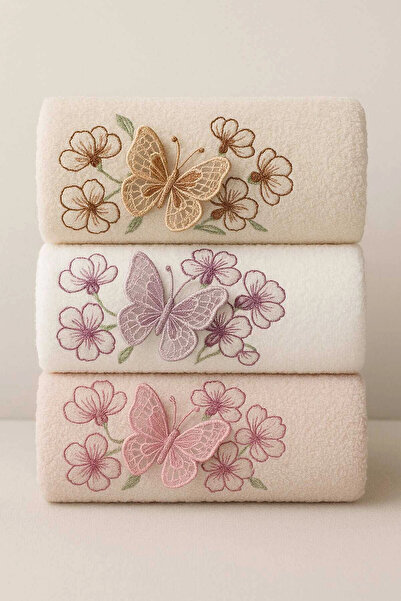 Mira Home 3lü Lüks %100 Pamuklu Mutfak Havlusu Seti 3D Kelebek Aplikeli 30x50 Cm