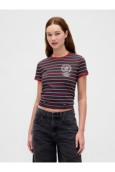 GAP Kadın Koyu Kırmızı Stranger Things Organik Pamuk VintageSoft Crop T-Shirt