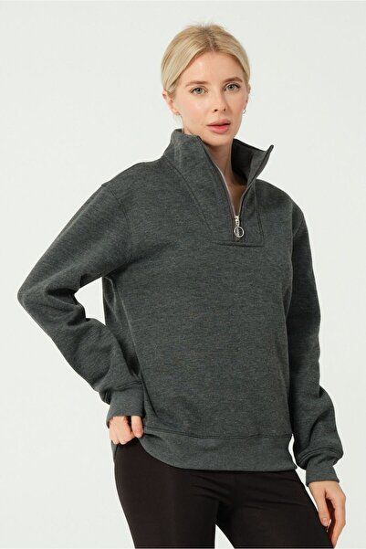 DOFİ Kadın Antrasit Yarım Fermuarlı Kapüşonlu Sweatshirt