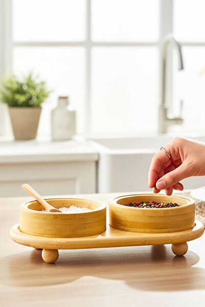 tutku home Bambu Tepsili 2'li Yuvarlak Çerezlik, Kahvaltılık (22*12 cm)