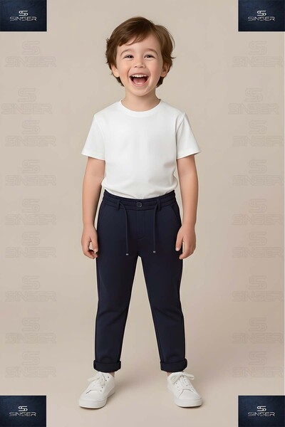 SS SİNSER بنطلون للأولاد بخصر مطاطي وطيات قماش قابل للتمدد جانبية على طراز ال...