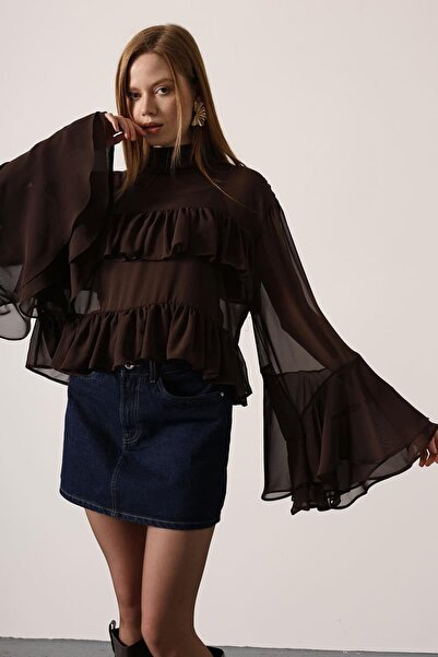 Trend Alaçatı Stili Women's Brown Chiffon Blouse with Flounce Sleeves and Ruf...