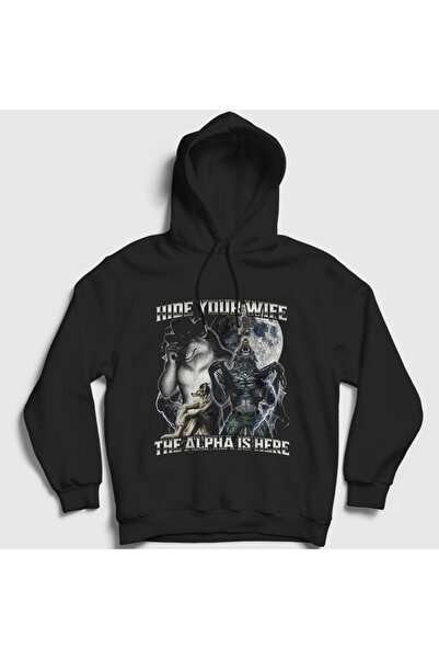 Presmono Унисекс черно „Скрий жена си, алфата е тук“ суитшърт с качулка 592052tt