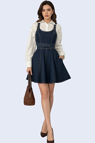 Trend Alaçatı Stili Women's dark blue back belt buckle mini jean salopet dres...