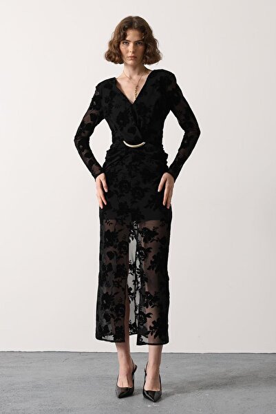 Trend Alaçatı Stili Women's Black Slit Tulle Detailed Patterned Maxi Dress Al...