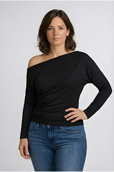 Kurun's Collection М'яка тканина Широкий комір-човник Довгі рукави Блуза