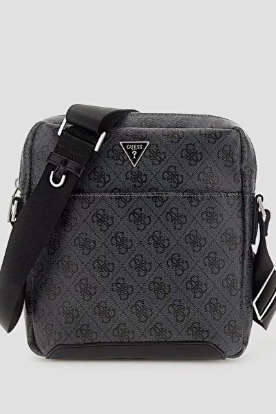 Guess crossbody with all-over logo print and metallic logo Black