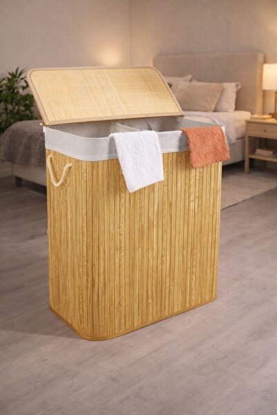 ENYAZA(2024) Katlanır Naturel Dikdörtgen Banyo Doğal Bambu 2 Gözlü Renkli Bey...