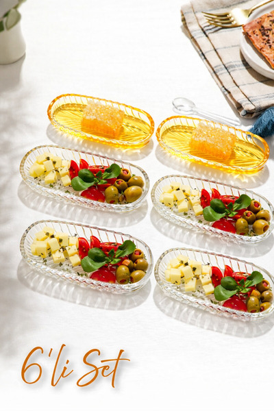 clasavm 6 Adet Kayık Tabak | Cam 6'lı Çerezlik -Sunumluk - Sosluk Cam Tabak 6...