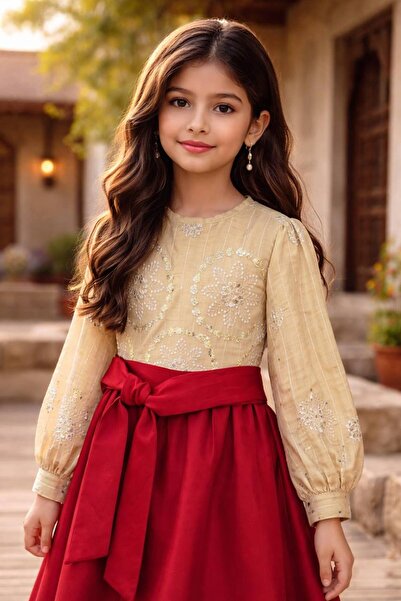 La reina petite Traditional beige embroidered linen jalabiya with a burgundy ...