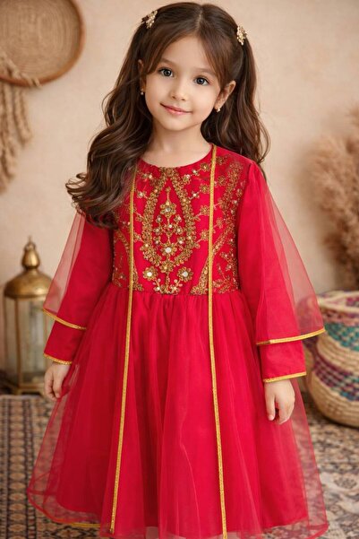 La reina petite فستان شعبي فوشي مطرز مع شيلة تول من لارينا بتيت