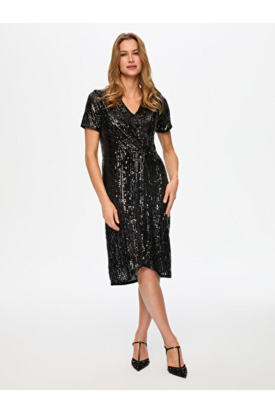 Faik Sönmez V Yaka Kısa Kol Payetli Abiye Elbise