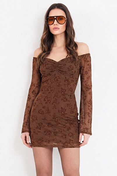 Trend Alaçatı Stili Women's Brown Kiss Collar Lined Mini Tulle Dress Alc-X15140