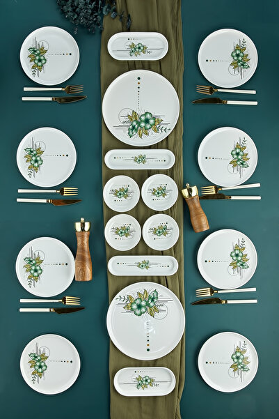 ers erbaşlar Pera Yeşil Çiçekli 18 Parça 8 Kişilik Büyük Kahvaltı Takımı, Kah...