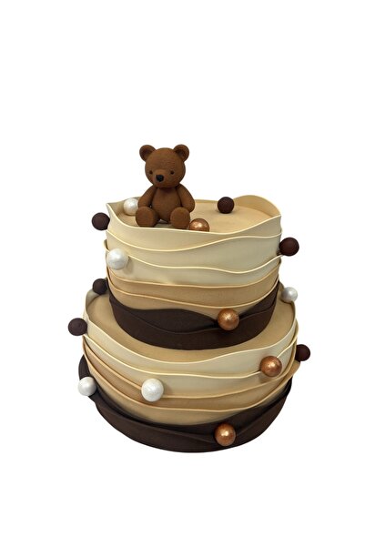 OGELAPARTY Ayıcıklı Özel Tasarım 2 Katlı Doğum Günü Pastası | Bej & Kahve Ton...