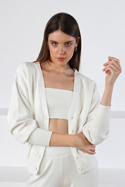 Ferraro White Long Sleeve Buttoned Viscose Women's Knitwear Cardigan