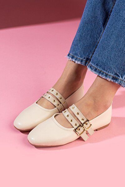 FUGA MODA Balerini Rovigo din piele bej cu cataramă aurie și bandă dublă