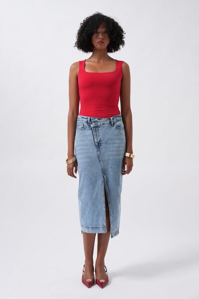 bayansepeti New Season Slit Detailed Women's Midi Length Light Blue Skirt 522...