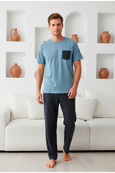LİLA İÇ GİYİM Ανδρικό σετ πιτζάμες από βαμβάκι με κοντά μανίκια και τσέπες, μπλε