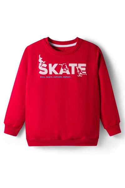 Pine kids Knit Full Sleeves Sweatshirt with Skateboarding Print - Red
