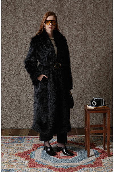Fatma Atasoy Tüylü Siyah Maksi Kürk Kaban
