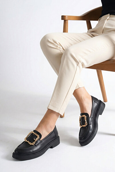 GRADA Black Genuine Leather Women's Loafer Shoes with Large Square Gold Buckl...