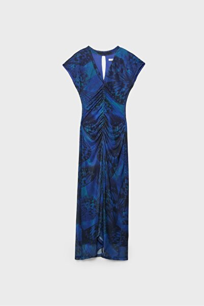 Stradivarius Printed tulle V-neck midi dress